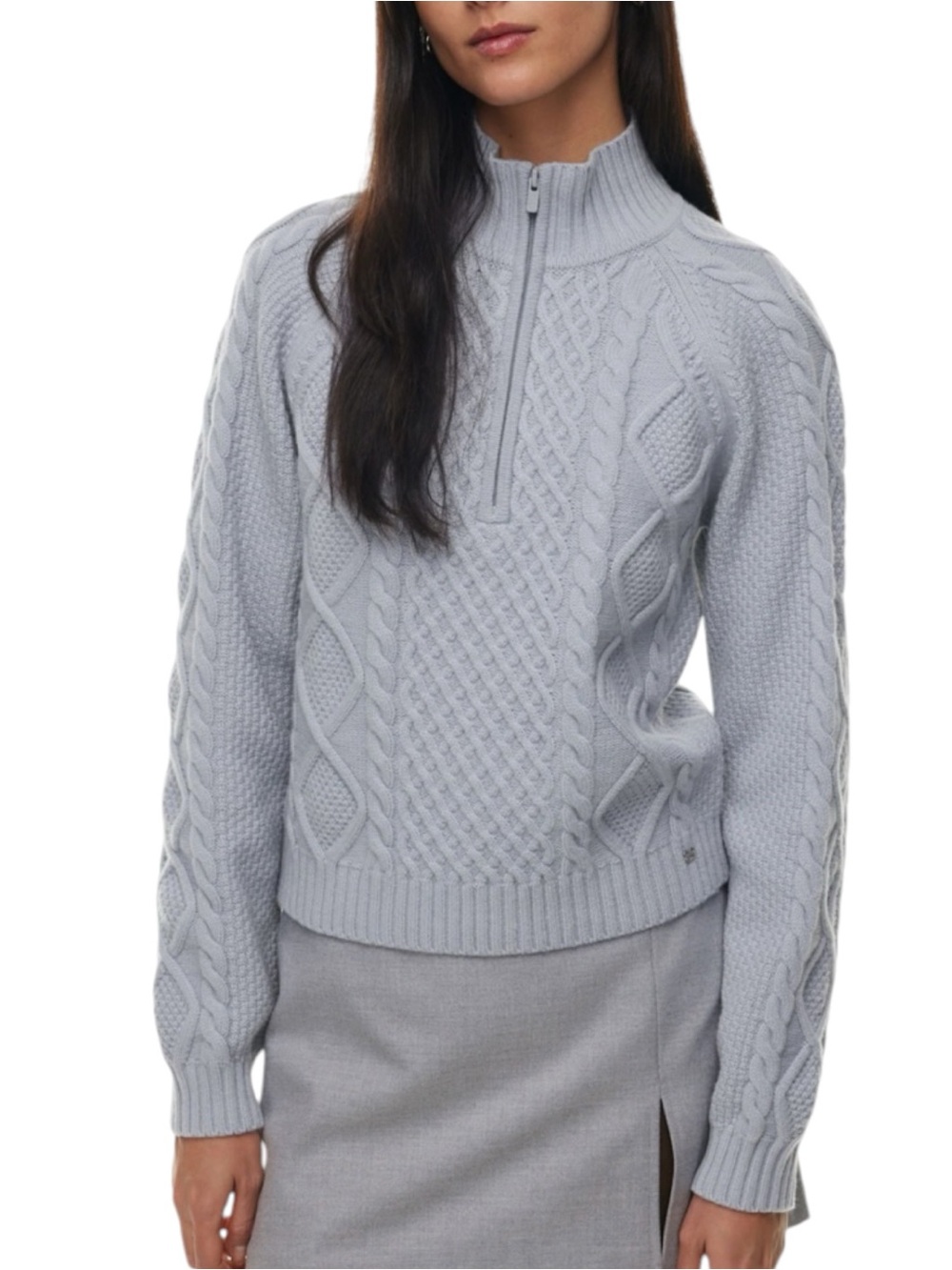 Sunday Best Wool Blend Light Gray Cable-Knit Half-Zip Turtleneck Sweater